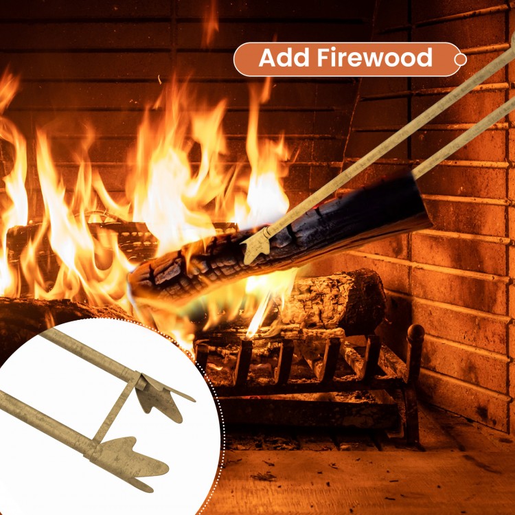 Fireplace tool set featuring convenient tongs and poker for adding firewood, designed for efficient fire management.