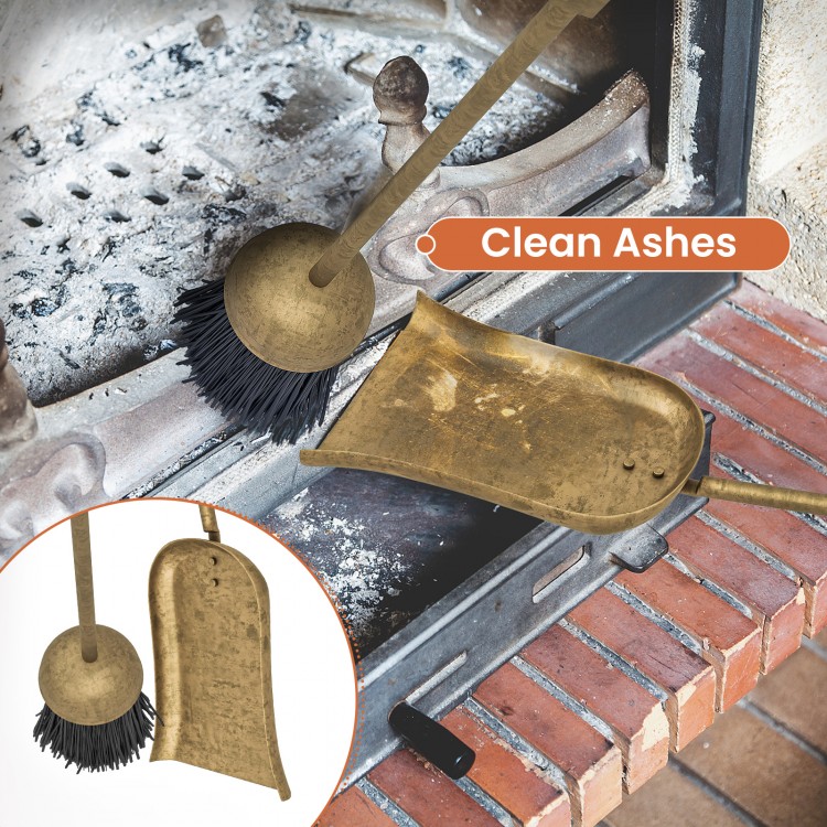 Copper fireplace tool set featuring a brush and shovel for efficient ash cleaning and fire maintenance.