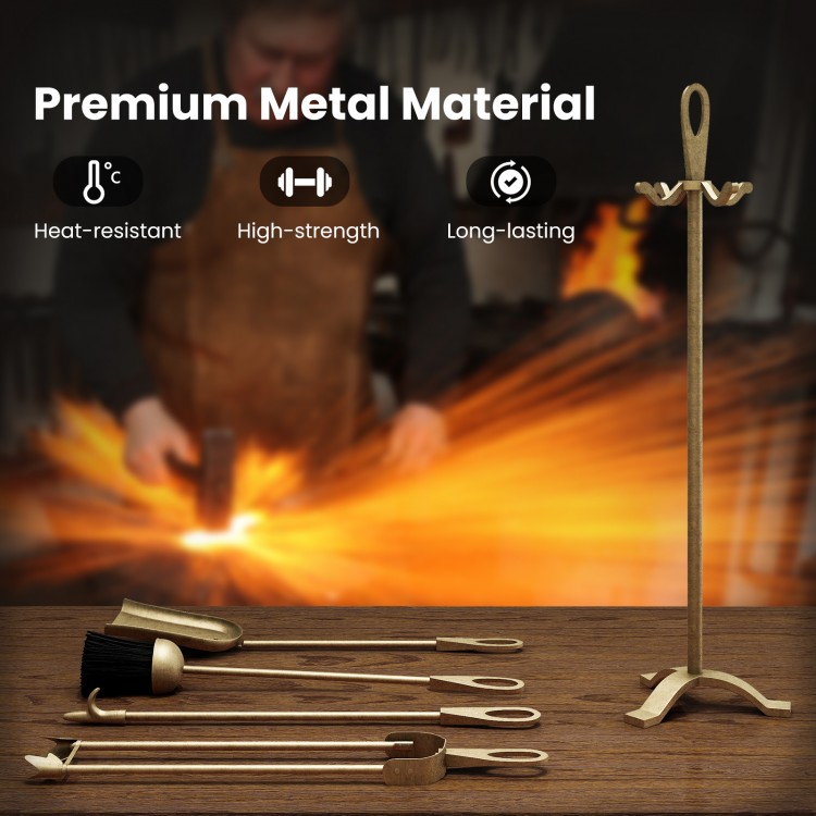 5-piece fireplace tool set in copper with poker, tongs, brush, and shovel for efficient fire management and cleaning.