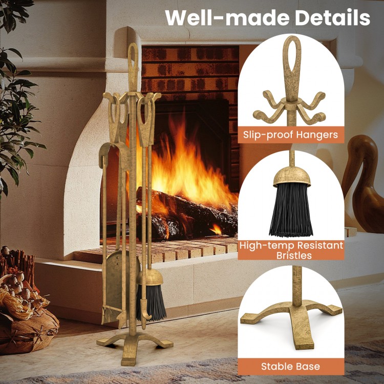 5-piece fireplace tool set in copper with stable base, slip-proof hangers, and high-temp resistant bristles for easy.
