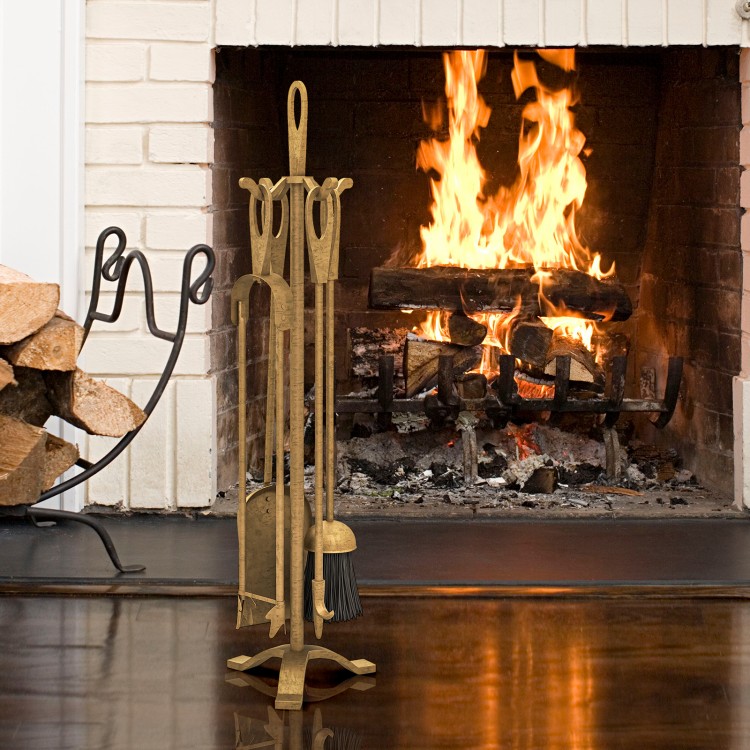 5-piece copper fireplace tool set with poker, tongs, shovel, and brush for efficient fire maintenance and cleaning.