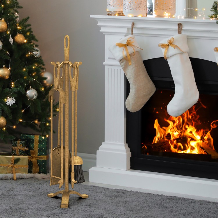 Copper fireplace tool set with a wide, stable base and slip-proof hangers for secure storage and easy assembly.