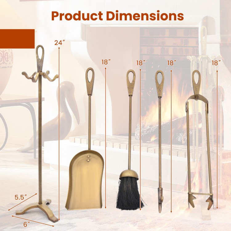 5-piece copper fireplace tool set dimensions including poker, shovel, brush, tongs, and stand for efficient fire.