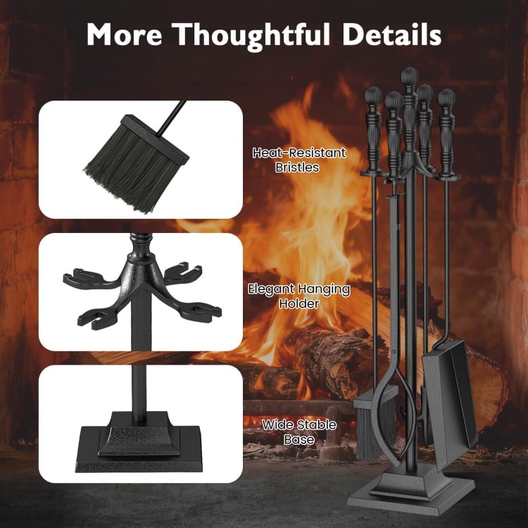 5-piece fireplace tool set with aluminum handles, featuring a stable base and heat-resistant brush for safe use.
