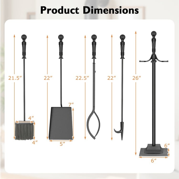 Dimensions chart of the 5-piece fireplace tool set, showcasing ergonomic handle heights for optimal use and storage.
