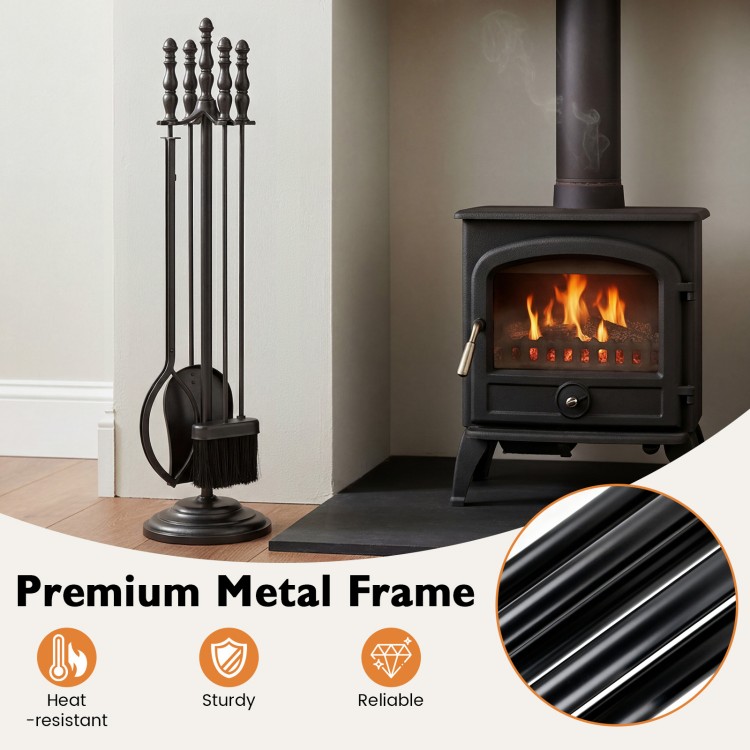 5-piece fireplace tool set with poker, tongs, brush, and shovel in heat-resistant metal for safe and stylish fireplace.