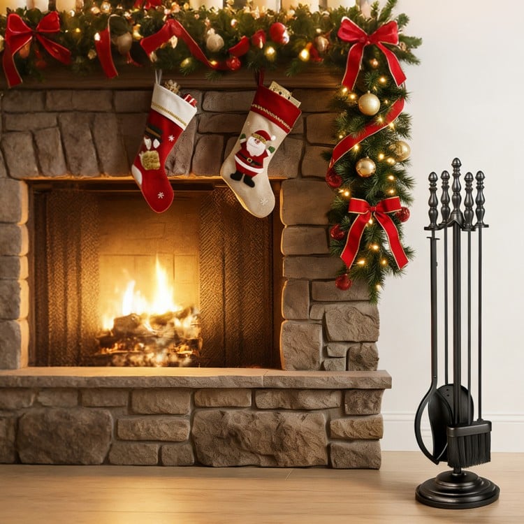 5-piece fireplace tool set featuring poker, tongs, brush, and shovel with a round stand for efficient fireplace.