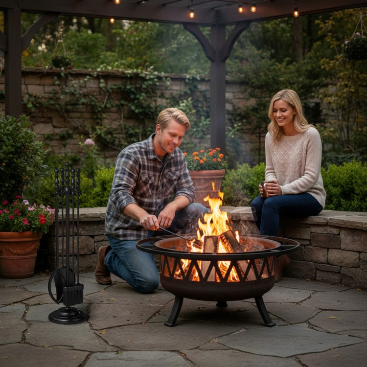 5-piece fireplace tool set with poker, tongs, shovel, and brush, featuring ergonomic handles for safe and easy use.