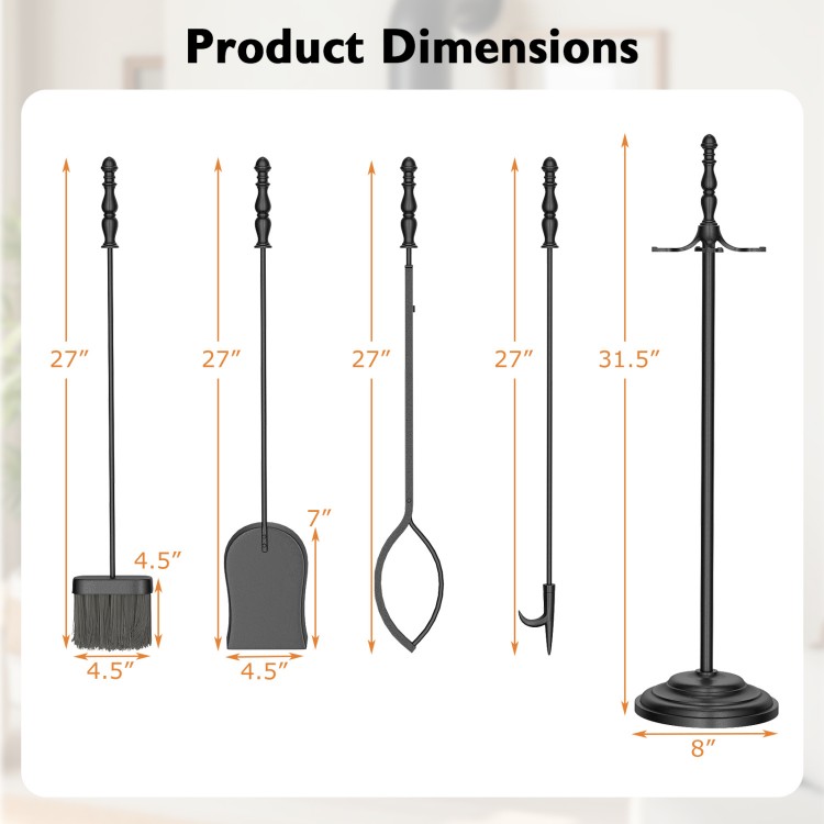 5-piece fireplace tool set featuring poker, tongs, shovel, and brush with ergonomic handles for safe and easy use.