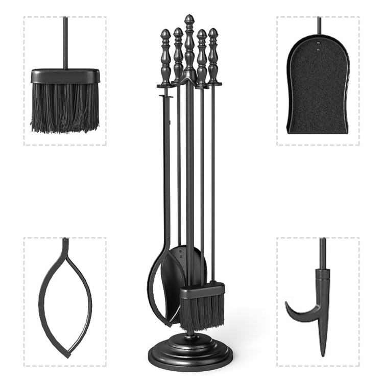 5-piece fireplace tool set with poker, tongs, brush, and shovel in black, featuring a round stand for organized storage.