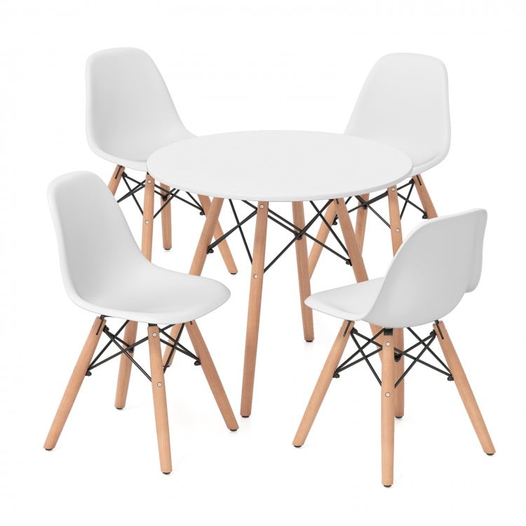 Kids mid-century modern table and chairs set with white seats and wood legs, perfect for play and learning activities.