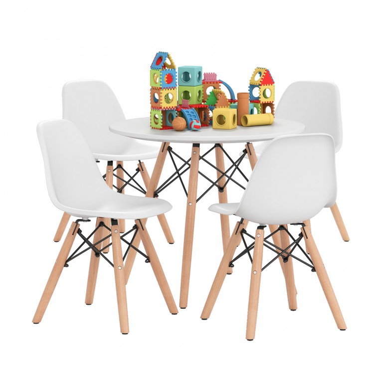Mid-century modern kids' table and chair set with white seats and wood legs, perfect for play and learning activities.