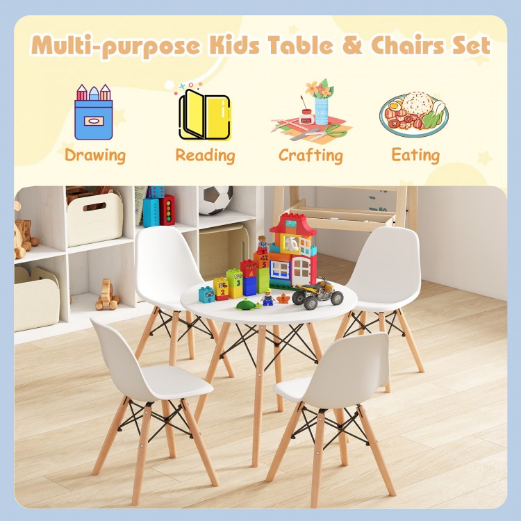 Kids mid-century modern table and chairs set with ergonomic design, perfect for drawing, reading, and crafting.