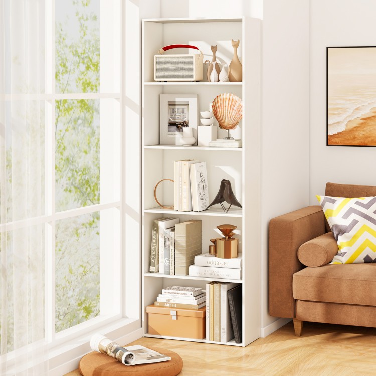 5-shelf white storage bookcase with modern design, perfect for displaying books and decorations in any room.