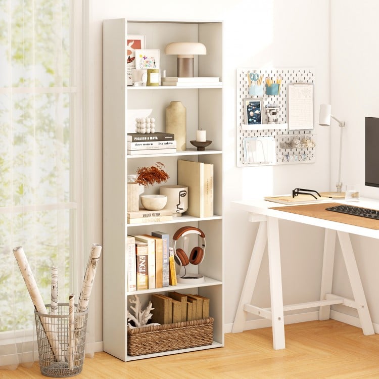 5-shelf white storage bookcase with modern design, perfect for displaying books and decor in any room.