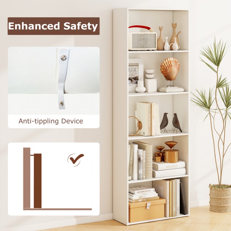 5-shelf white storage bookcase with modern design, composite wood structure, ideal for displaying books and decorations.