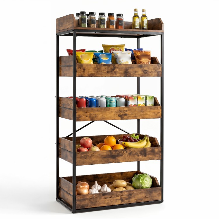 5-tier food storage rack in rustic brown with 4 pull-out drawers, ideal for kitchens or retail spaces.
