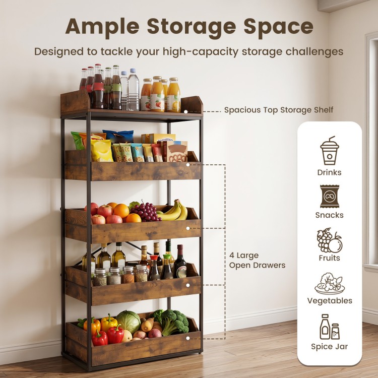 5-tier food storage rack in rustic brown with 4 pull-out drawers and a strong metal frame for versatile organization.