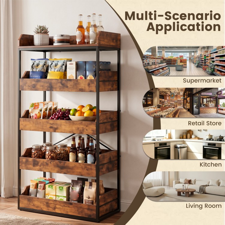 5-tier rustic brown food storage rack with 4 pull-out drawers, ideal for kitchens, living rooms, or retail stores.