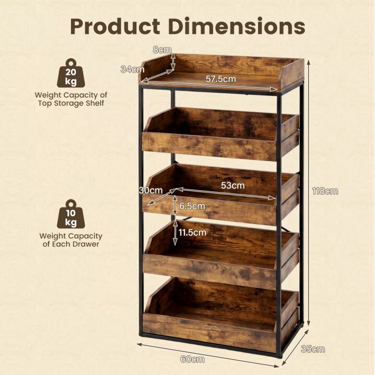 5-tier rustic brown food storage rack featuring 4 pull-out drawers and strong metal frame for versatile organization.
