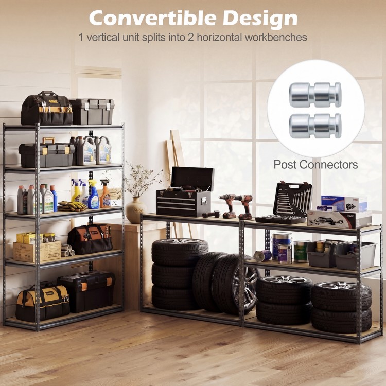 5-tier garage shelving unit with adjustable shelves, metal frame, and convertible design for versatile storage.