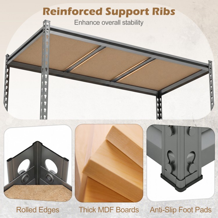 5-tier garage shelving unit with reinforced support ribs, thick MDF boards, and non-slip foot pads for stability.