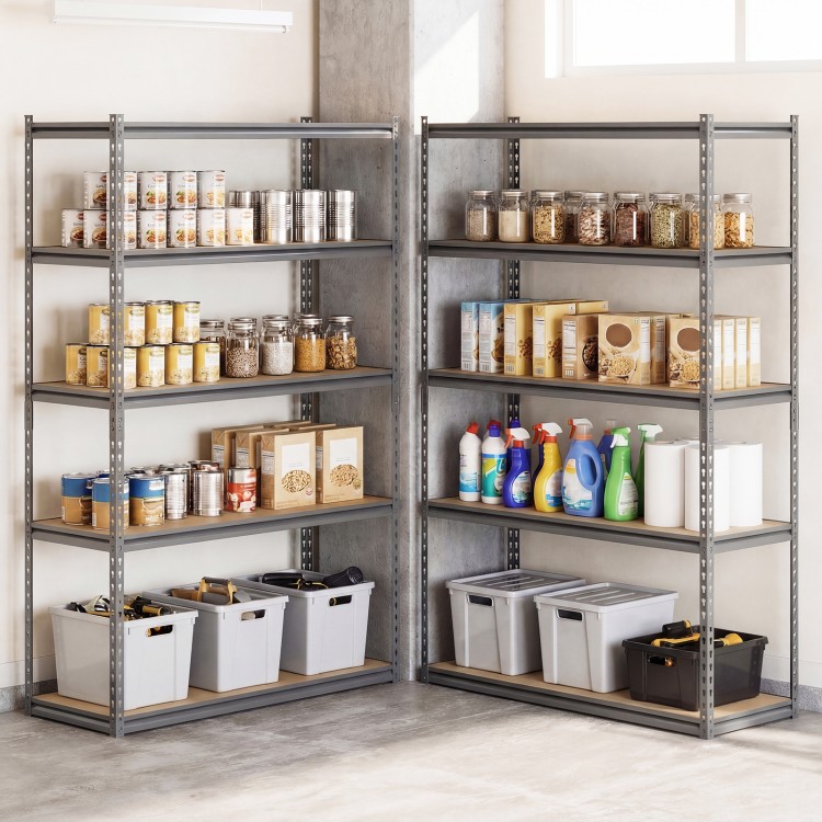 5-tier metal shelving unit with adjustable shelves, holding jars and bins, ideal for garage or warehouse storage.