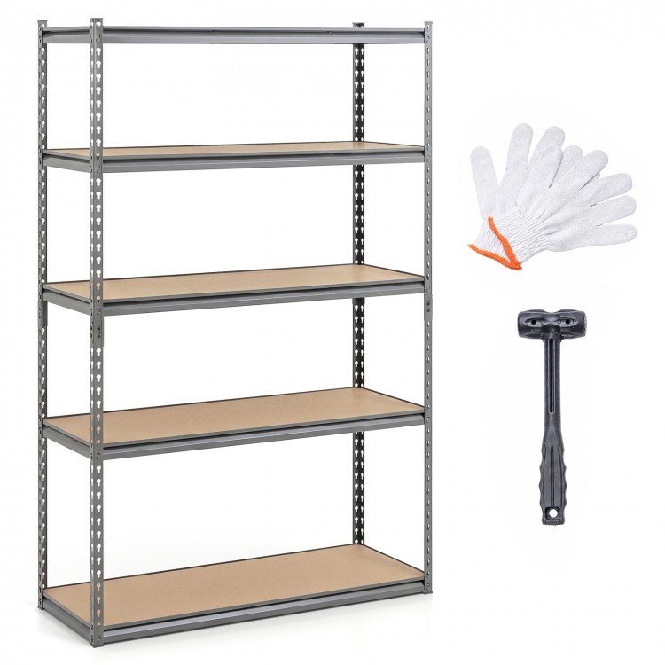 5-tier garage shelving unit with adjustable MDF shelves, metal frame, and included mallet and gloves for easy assembly.