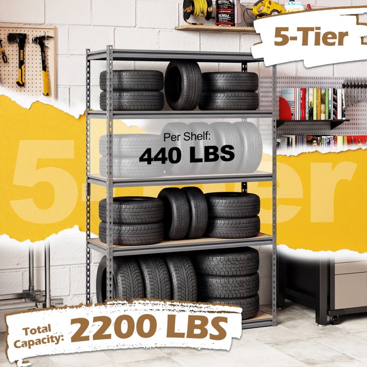 5-tier garage shelving unit with adjustable shelves, holding tires, supports 2200 lbs total for versatile storage.