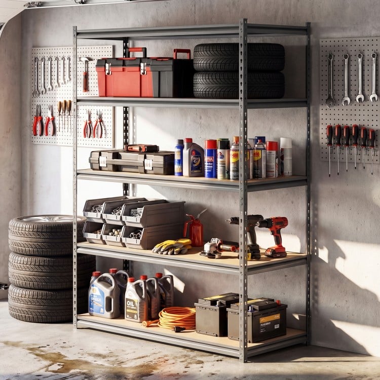 5-tier metal shelving unit with adjustable shelves, holding tools and supplies, ideal for garage or warehouse storage.