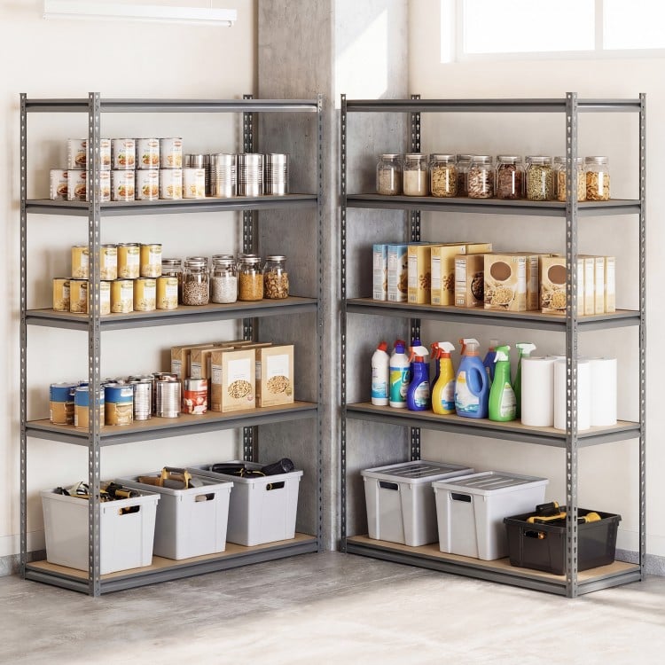 5-tier metal shelving unit with adjustable shelves, holding various storage bins and jars, ideal for garage or pantry.