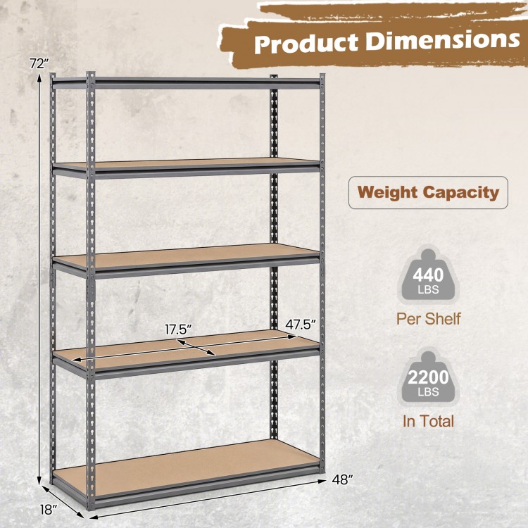 5-tier garage shelving unit with adjustable shelves, metal frame, and 2200 lbs capacity for versatile storage solutions.