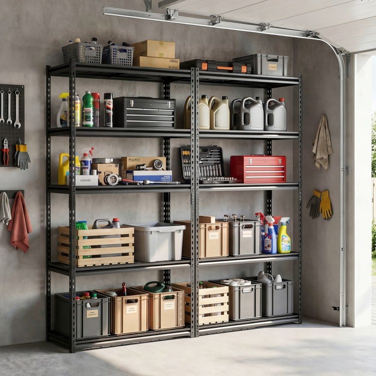 5-tier heavy-duty metal shelving unit with adjustable shelves, ideal for garage storage and organization.