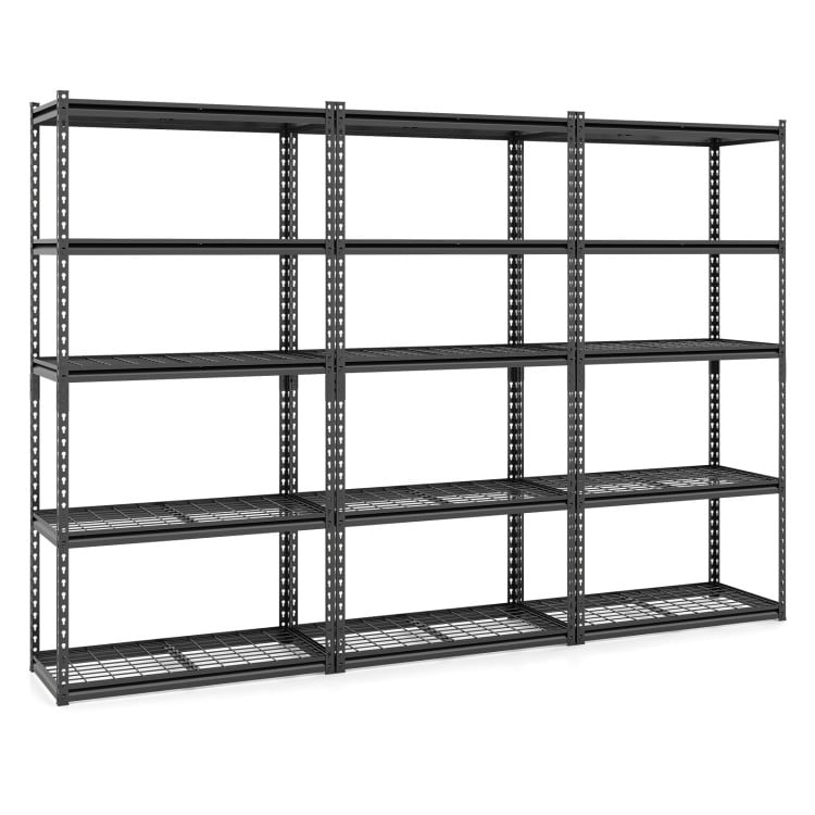 5-tier heavy-duty metal shelving unit with adjustable wire racks, ideal for garage or warehouse storage solutions.