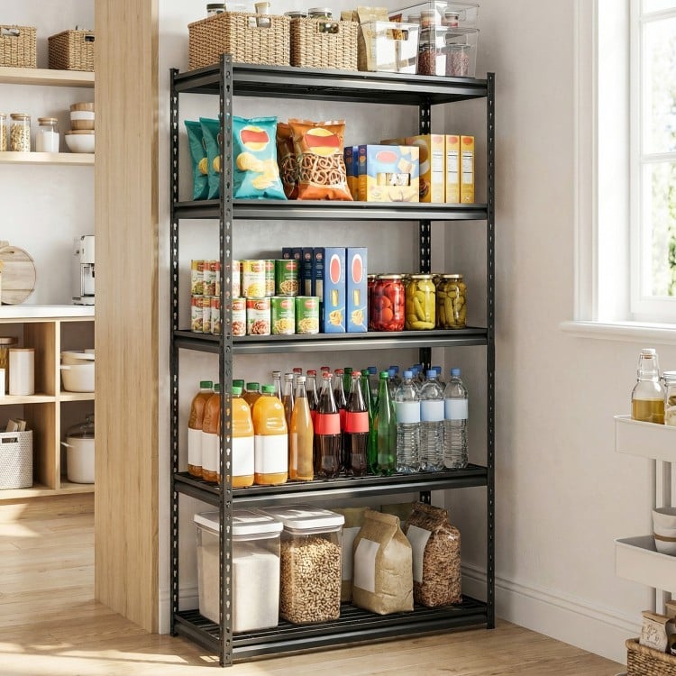 5-tier heavy-duty metal shelving unit displaying various food items, ideal for kitchen or pantry organization.