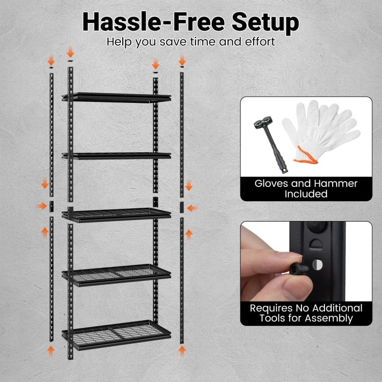 5-tier heavy-duty metal shelving unit with adjustable wire racks, featuring a hassle-free setup for versatile storage.