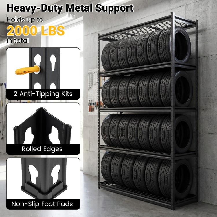 5-tier heavy-duty metal shelving unit with adjustable wire racks, holds up to 2000 lbs, ideal for garage or warehouse.