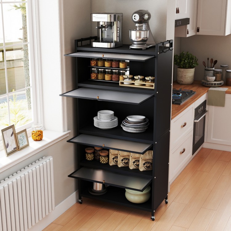 5-tier black kitchen storage cabinet with flip-up doors, adjustable feet, and hooks for organizing utensils.