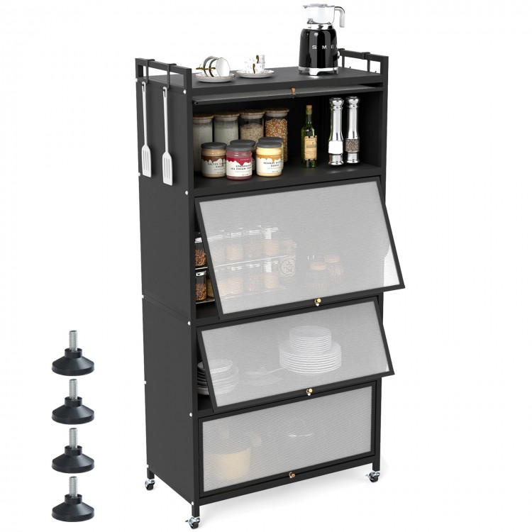 5-tier kitchen storage cabinet in black featuring a sleek design, built-in cable management, and anti-fall guardrails.