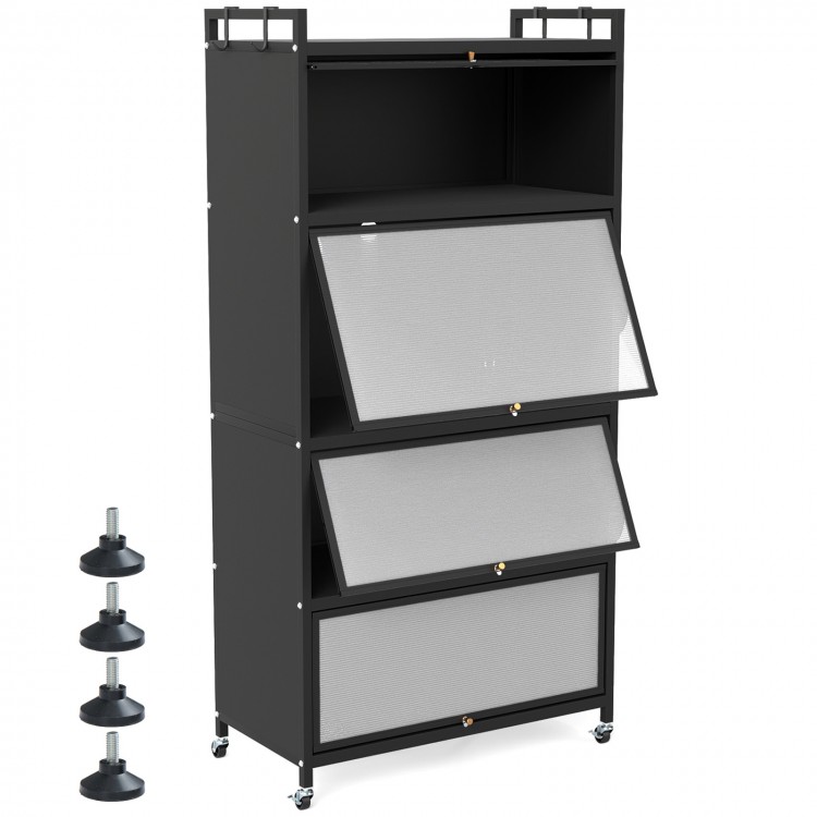 5-tier black kitchen storage cabinet with 4 flip-up doors and adjustable feet for versatile organization and.