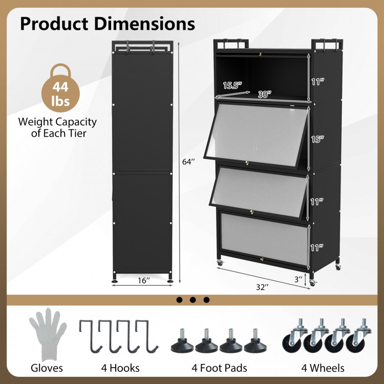 5-tier black kitchen storage cabinet with 4 flip-up doors, hooks, and adjustable feet or lockable casters for versatile.