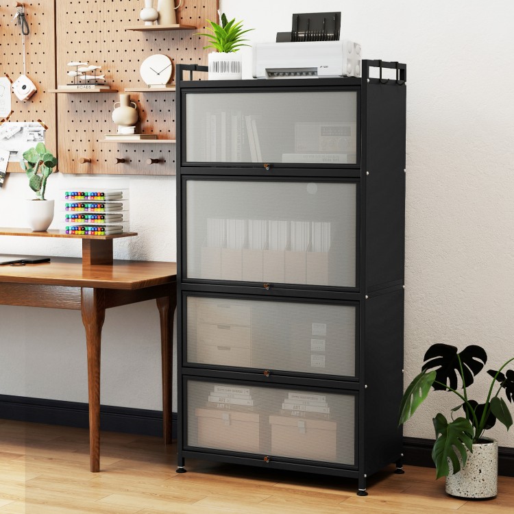 5-tier black kitchen storage cabinet with 4 flip-up doors and adjustable feet for versatile organization.