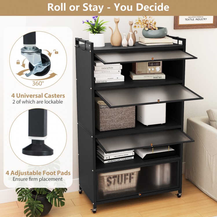 5-tier black kitchen storage cabinet with flip-up doors, adjustable feet, and lockable casters for versatile.