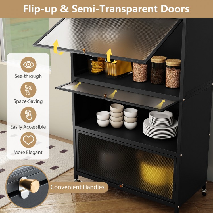 5-tier black kitchen storage cabinet with flip-up semi-transparent doors and convenient handles for easy access.