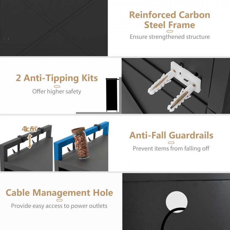 Detail of the 5-tier kitchen storage cabinet showing reinforced carbon steel frame and anti-tipping kits for safety.