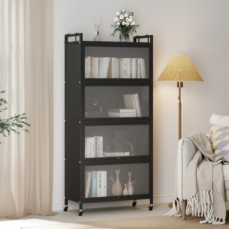 5-tier black kitchen storage cabinet with adjustable feet, rolling wheels, and fluted decoration for stylish organization.