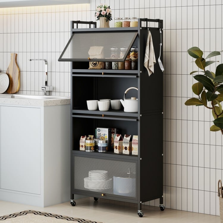 5-tier black kitchen storage cabinet with rolling wheels, adjustable feet, and fluted decoration for ample organization.