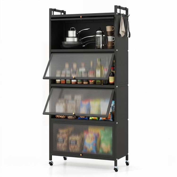 5-tier black kitchen storage cabinet with 4 flip-up doors, rolling wheels, and hooks for versatile organization.