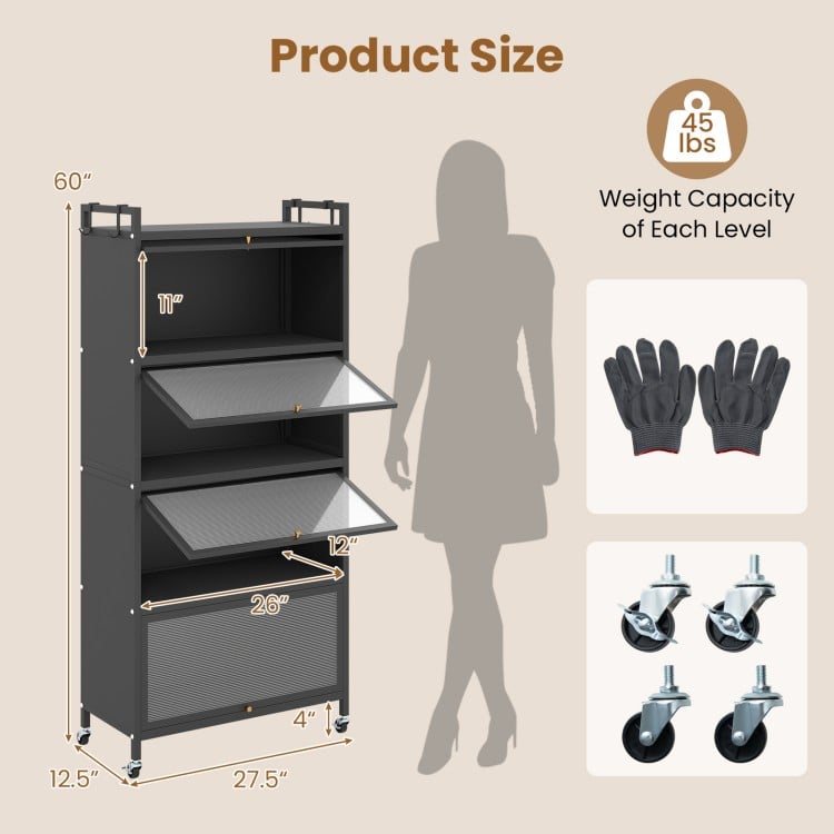 5-tier black kitchen storage cabinet with 4 flip-up doors, adjustable feet, and rolling wheels for versatile organization.