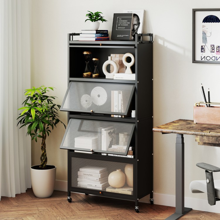 5-tier black kitchen storage cabinet with 4 flip-up doors, rolling wheels, and adjustable feet for versatile organization.